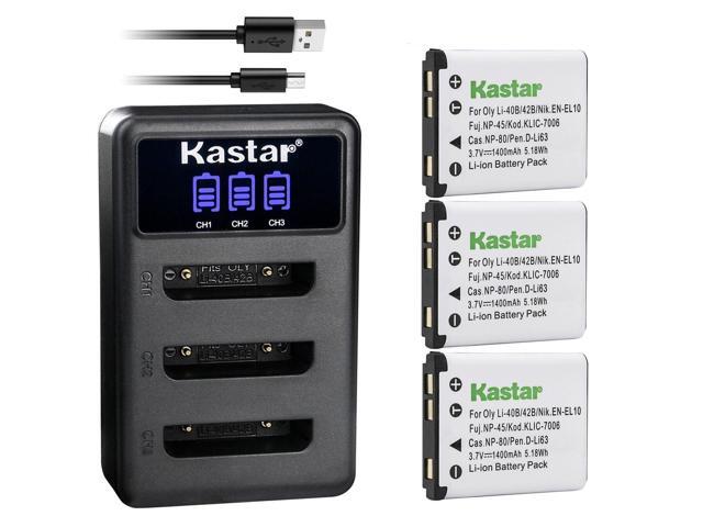 Kastar 3 Pack Battery and LCD Triple USB Charger Compatible with Olympus Camedia X-600 D-630 D-720 D-725 D-730 DS-3500 DS-7000 FE-20 FE-47 FE-150...