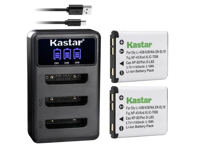 Kastar 2 Pack Battery and LCD Triple USB Charger Compatible with Olympus Camedia X-600 D-630 D-720 D-725 D-730 DS-3500 DS-7000 FE-20 FE-47 FE-150...