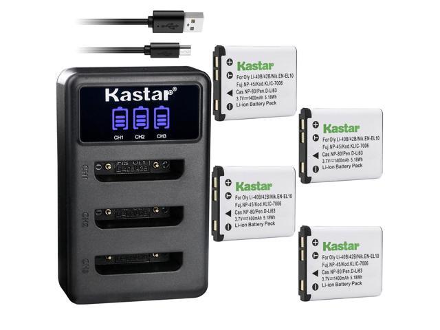 Kastar 4 Pack Battery and LCD Triple USB Charger Compatible with Olympus Camedia X-600 D-630 D-720 D-725 D-730 DS-3500 DS-7000 FE-20 FE-47 FE-150...