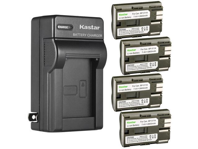 Kastar 4 Pack BP-511 BP-511A Battery and AC Wall Charger Compatible with Canon ZR60 ZR65MC ZR70MC ZR80 ZR85 ZR85MC ZR90 ZR90MC PV130 EOS Rebel...