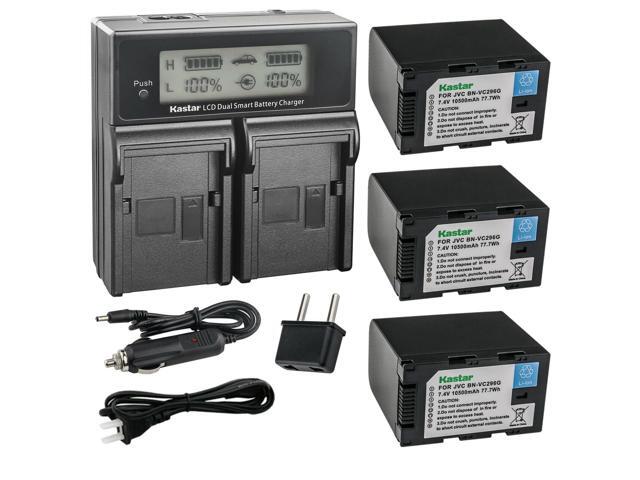 Kastar 3-Pack Battery and AC LCD Dual Fast Charger Compatible with JVC BN-VC264G BN-VC296G Battery, JVC AA-VC20 AA-VC20E AA-VC20U Battery Charger,...