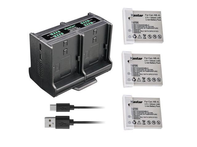 Kastar 3-Pack Battery and Quadruple Charger Compatible with Canon PowerShot SD30, SD40, SD200, SD300, SD400, SD430, SD450, SD600, SD630, SD750, TX1...