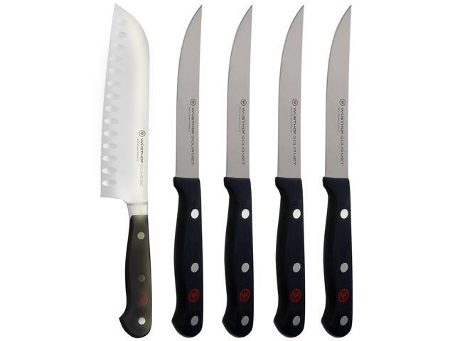 Wusthof Gourmet 4-Piece Steak Knife Set - 1125060403 with Wusthof Classic 7' Hollow Edge Santoku Kitchen Knife