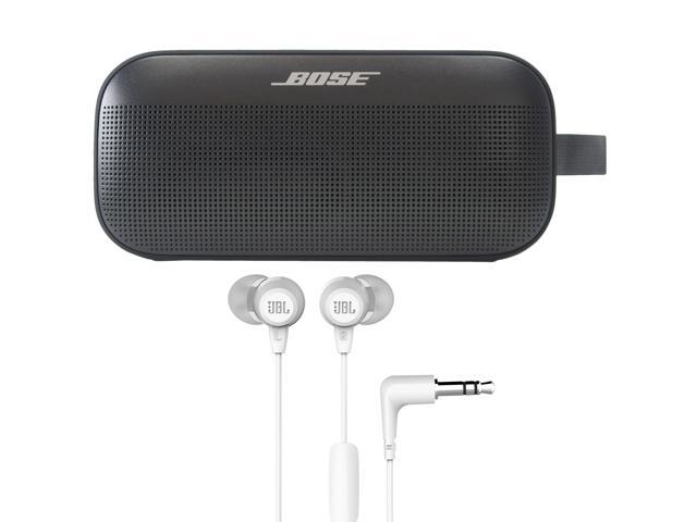 Bose SoundLink Flex Se Wireless Portable Bluetooth Waterproof Speaker (Black) with JBL C50HI In-Ear Headphones White