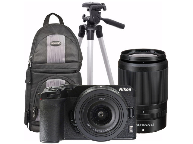 Nikon Z30 Mirrorless Camera with 16-50mm and 50-250mm Lenses (Black) + DSLR Sling Backpack + Professional Tripod