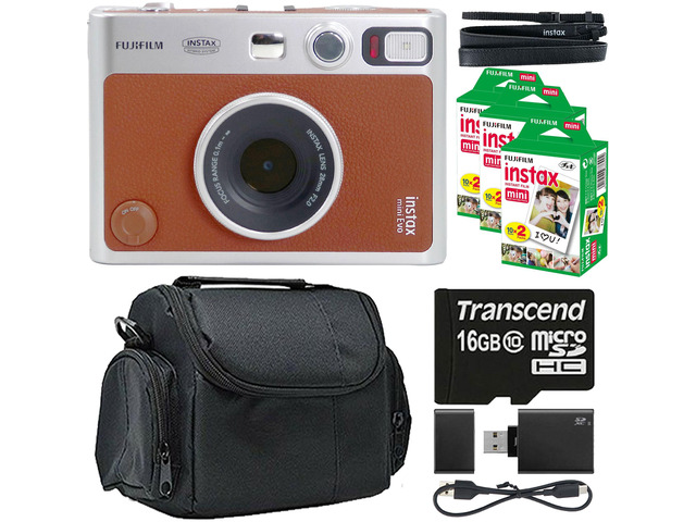 FUJIFILM INSTAX MINI EVO Hybrid Instant Camera (Brown) + 3x Fujifilm 2x10 Mini Instax Film Bundle