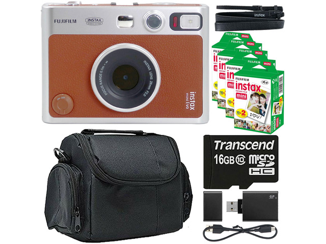 FUJIFILM INSTAX MINI EVO Hybrid Instant Camera (Brown) + 4x Fujifilm 2x10 Film Mini Instax Film Bundle