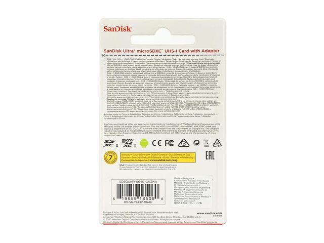 SanDisk Ultra 64GB microSDXC Memory Card UHS-1 Upto 100 MB/s Class 10 Full HD Video with SD Adapter- x5