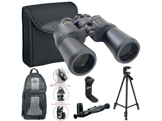 Nikon 16x50 Aculon A211 Binocular (Black) 8250 with 62' Tripod High Quality 8lb Capacity 3-Way Fluid Pan Head Quick Release Bubble Level and Backpack