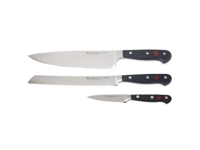 Wusthof Classic 9' Bread Knife Silver with Wusthof Classic 3-Piece Knife Set 3.5' Paring, 8' Bread, and Chefs Knives