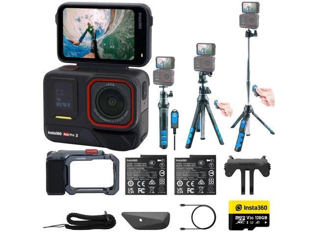 Insta360 Ace Pro 2 Xplorer Dual Battery Waterproof Action Camera Bundle with 128GB Card and 7-in-1 Streaming Essentials Selfie Tripod Stick