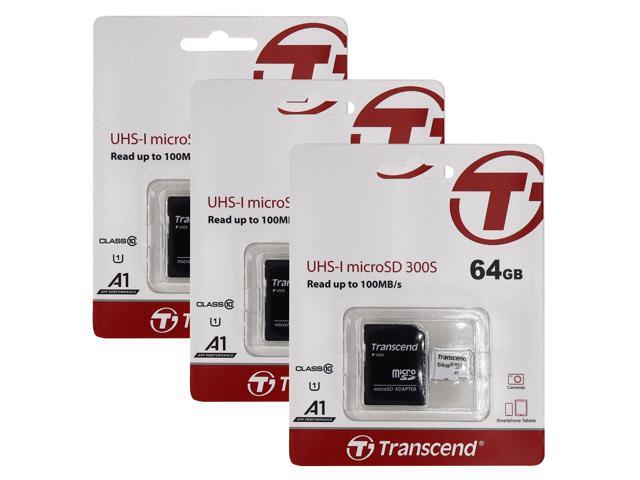 3 Unit Transcend 64GB 300S UHS-I microSDXC Memory Card with SD Adapter