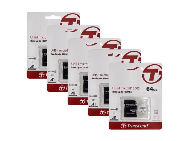 5 Unit Transcend 64GB 300S UHS-I microSDXC Memory Card with SD Adapter