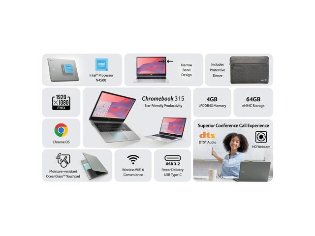 Acer Chromebook 315 15.6' Laptop Intel N4500 4GB 64GB eMMC Pure Silver + Sandisk 256GB MicroSD + Memory Card Reader