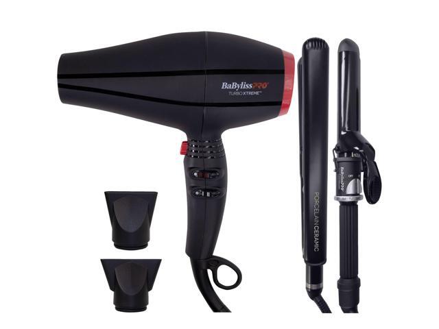 BaByliss Pro Professional Turbo Xtreme Hair Dryer BAB9400UC + Porcelain Ceramic Straightening Iron 1' and Spring Curling Iron 1¼' BPCPP6UC