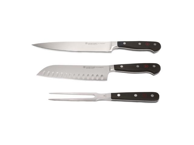 Wusthof Classic 7' Hollow Edge Santoku Kitchen Knife + Classic 2-Piece Carving Set (Classic 8' Carving Knife, Classic 6' Straight Meat Fork)