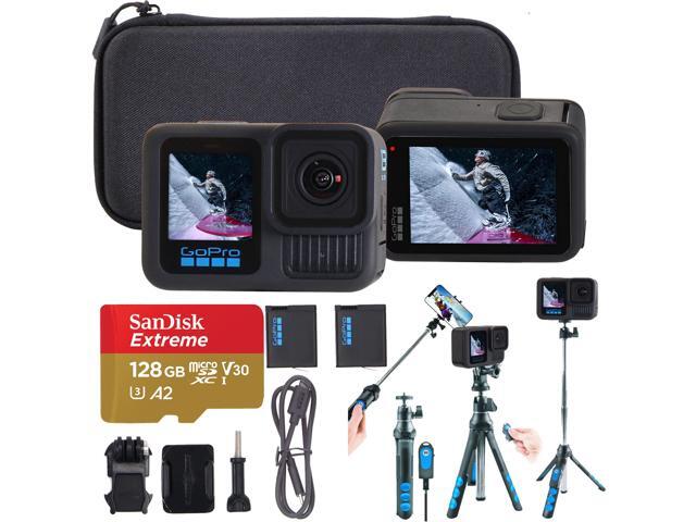 GoPro HERO13 Action Camera Bundle with Additional Battery, 128GB microSD Card and Carrying Case (Black) and Selfie Tripod Stick