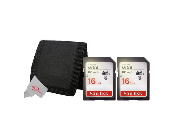 2x SanDisk Ultra 16GB Class 10 SDHC UHS-I Memory Card up to 80MB/s SDSDUNC-016G-GN6IN + Card Wallet