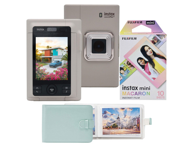 FUJIFILM instax mini LiPlay+ Hybrid Instant Camera - Sand Beige with Instant Film (Macaron, 10 Exp) and Photo Album