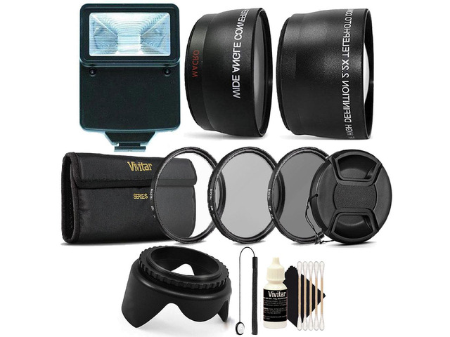 Slave Flash + Wide Angle Lens & Telephoto Lens Kit for 58mm + UV CPL ND + Tulip Lens Hood + Lens Cap + Lens Cap Holder + 3pc Cleaning Kit