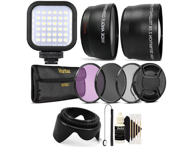 Compact LED Light + Wide Angle Lens & Telephoto Lens Kit for 55mm + Filter Kit + Tulip Lens Hood + Lens Cap + Lens Cap Holder + 3pc Cleaning Kit