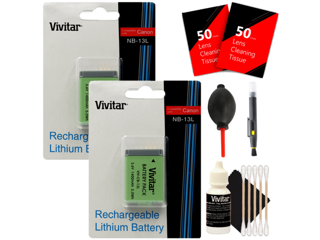 Vivitar Li-on Battery for Canon NB-13L (2 Pack) + Top Cleaning Professional Accessory Kit for Canon SX620 SX720 SX730 G7 X G9 X G5 X G1 X Mark III