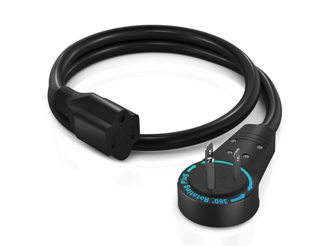 Maximm Cable 360 Rotating Flat Plug Extension Cord UL Approved 16 Gauge 3 Prong Grounded Wire Black 1 ft Single Outlet