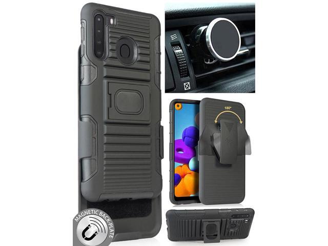 Black Rugged Case Cover Belt Clip and Magnetic Car Mount for Samsung Galaxy A21