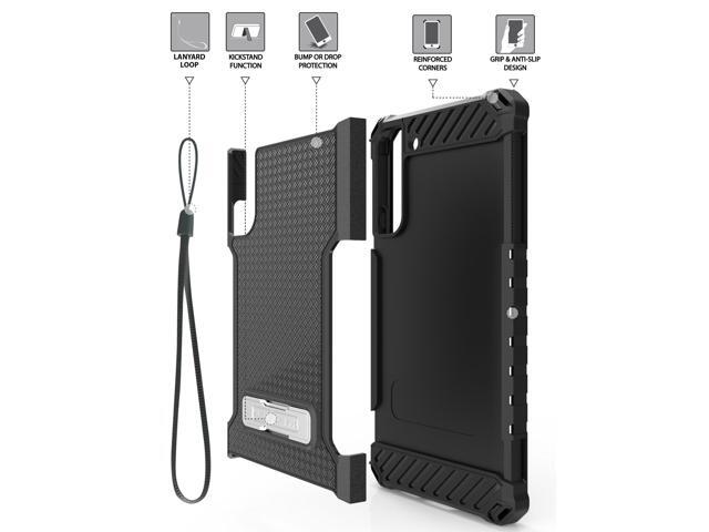 Black Hybrid Anti-Shock Case Cover w/ Kickstand and Strap for Galaxy S22 Plus 5G