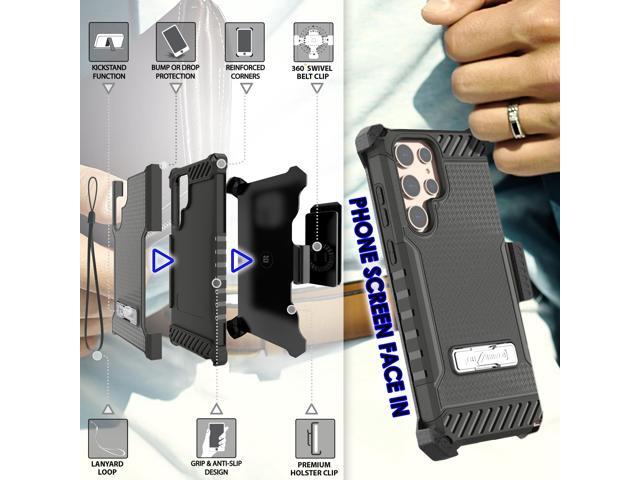 Black Rugged Case with Stand + Belt Clip Holster + Strap for Galaxy S22 Ultra 5G