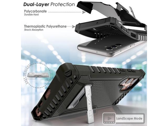Black Rugged Case with Stand + Belt Clip Holster + Strap for Galaxy S22 Ultra 5G