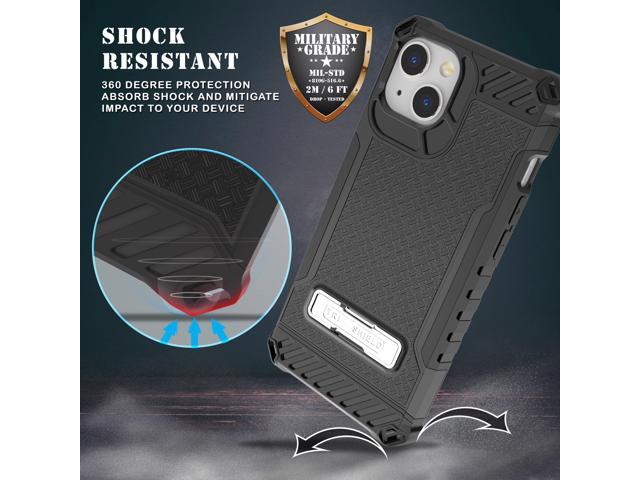 Black Hybrid Anti-Shock Case Cover with Metal Kickstand and Strap for iPhone 13