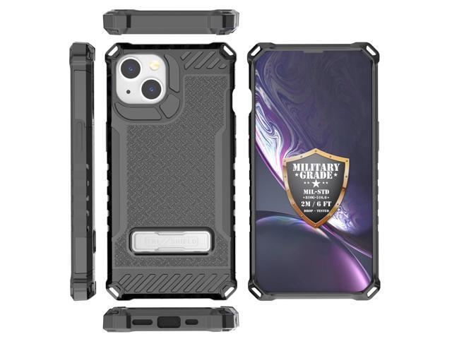 Black Hybrid Anti-Shock Case Cover with Metal Kickstand and Strap for iPhone 13