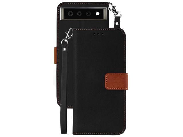 Black/Brown Wallet Case Card ID Slot Cover and Wrist Strap for Google Pixel 6