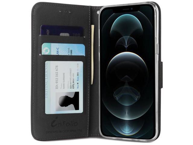 Black/Brown Wallet Case Card ID Slot Cover and Wrist Strap for iPhone 13 Pro