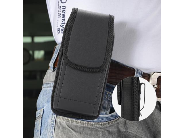 Black Leather Case Pouch Metal Clip Belt Harness for iPhone 16 Pro Max, 15 Plus