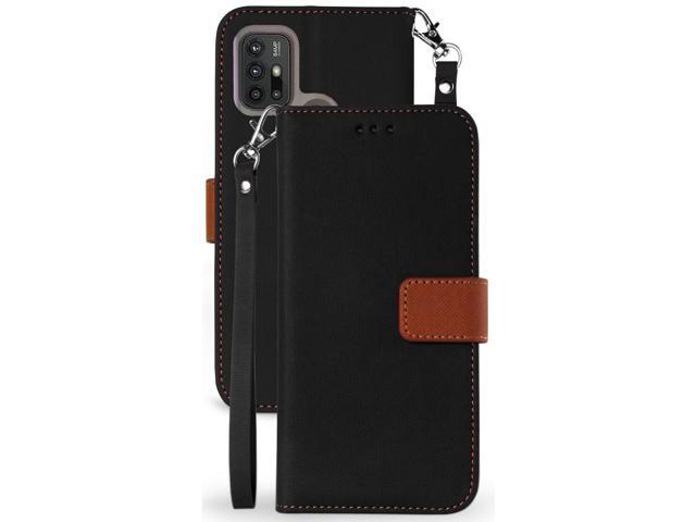 Black/Brown Wallet Case Card ID Slot Cover Wrist Strap for Motorola Moto G30 G10