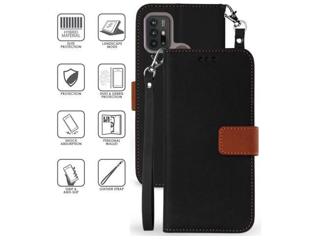 Black/Brown Wallet Case Card ID Slot Cover Wrist Strap for Motorola Moto G30 G10