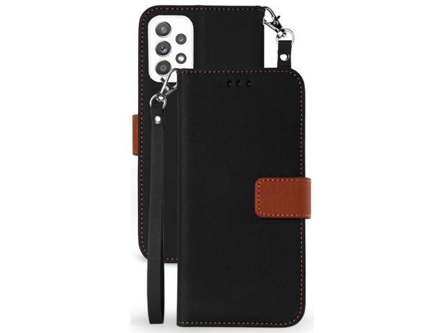 Black/Brown Wallet Case Card ID Slot Cover Wrist Strap for Samsung Galaxy A72 5G