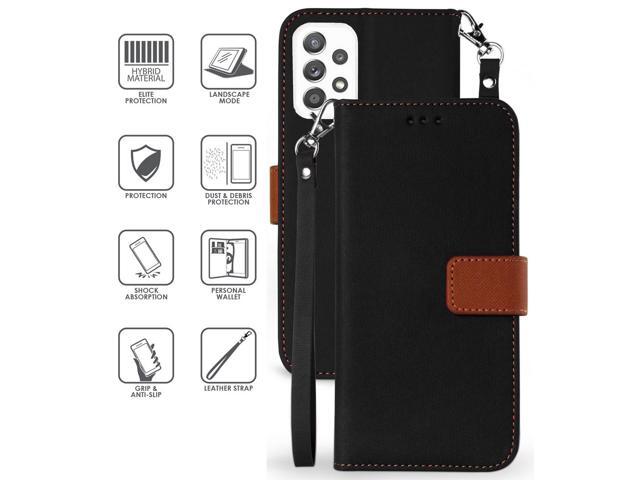 Black/Brown Wallet Case Card ID Slot Cover Wrist Strap for Samsung Galaxy A72 5G
