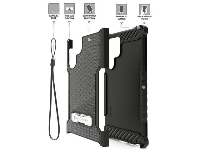 Black Hybrid Anti-Shock Case Cover Kickstand and Strap for Galaxy S22 Ultra 5G