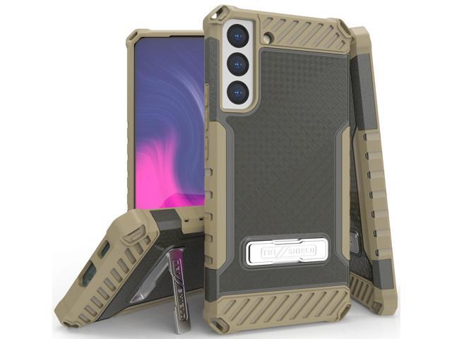 Brown Anti-Shock Case Cover with Metal Kickstand and Strap for Galaxy S22 5G