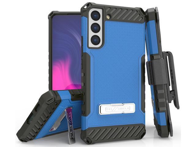 Blue Rugged Case Cover with Stand + Belt Clip Holster + Strap for Galaxy S22 5G