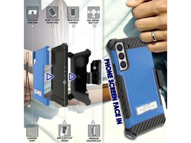 Blue Rugged Case Cover with Stand + Belt Clip Holster + Strap for Galaxy S22 5G