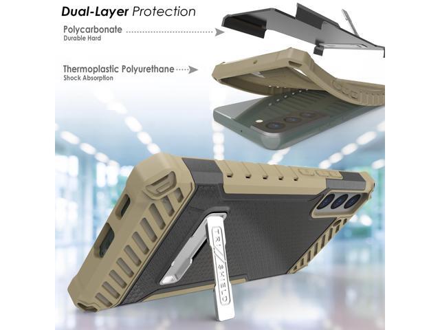 Brown Rugged Case Cover with Stand + Belt Clip Holster + Strap for Galaxy S22 5G
