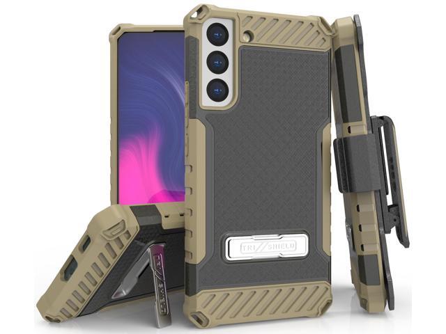 Brown Rugged Case Cover with Stand + Belt Clip Holster + Strap for Galaxy S22 5G