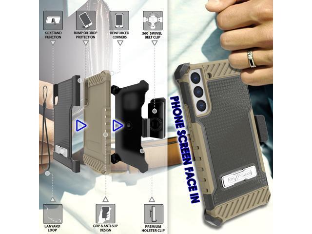Brown Rugged Case Cover with Stand + Belt Clip Holster + Strap for Galaxy S22 5G