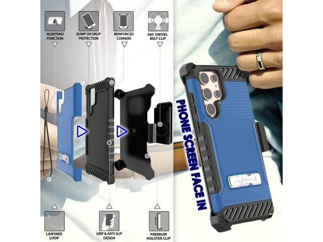 Blue Rugged Case Cover Stand + Belt Clip Holster + Strap for Galaxy S22 Ultra 5G
