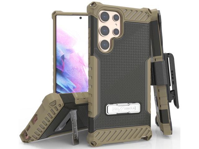Brown Rugged Case Cover with Stand + Belt Clip + Strap for Galaxy S22 Ultra 5G