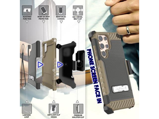 Brown Rugged Case Cover with Stand + Belt Clip + Strap for Galaxy S22 Ultra 5G